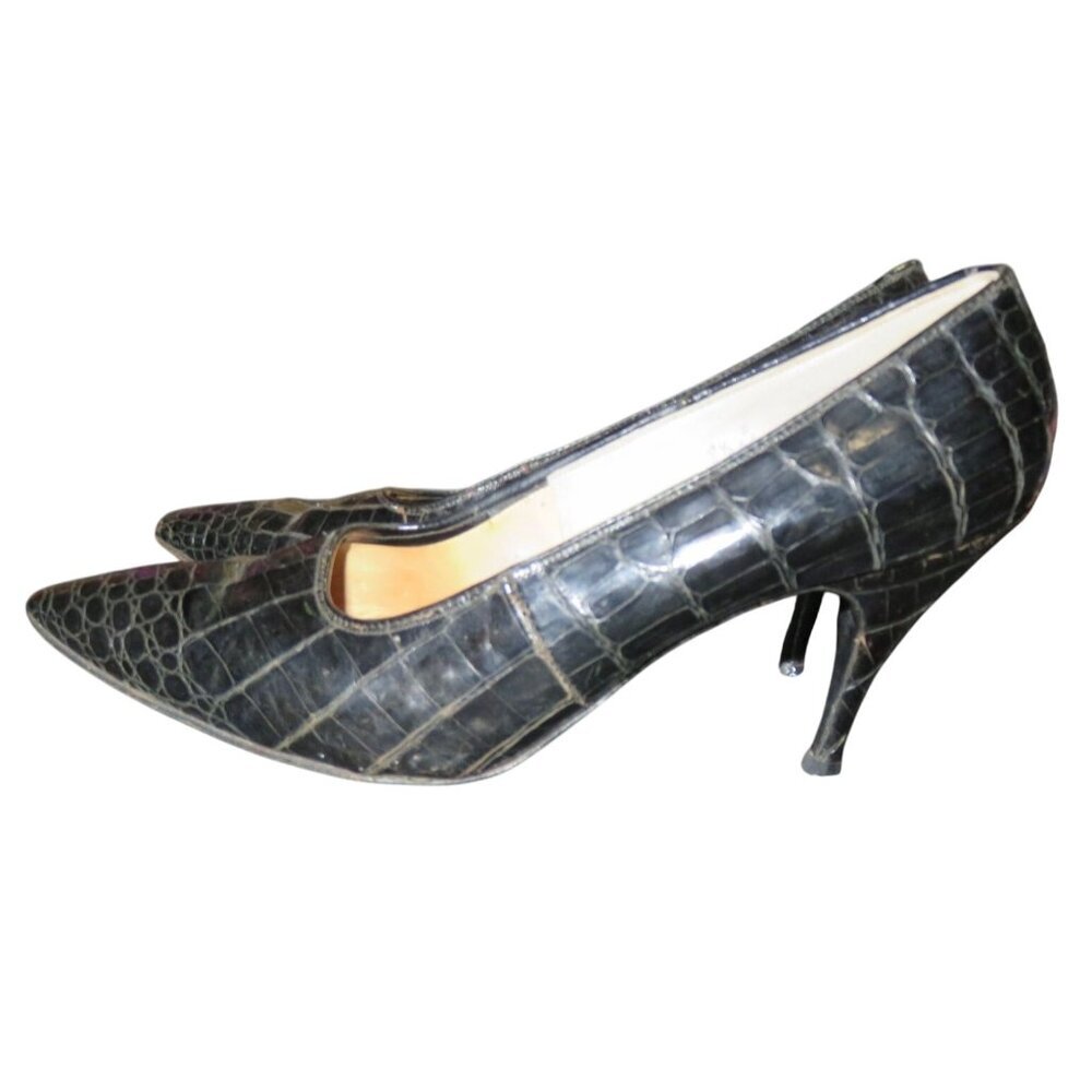 Rhythm Step Black Leather Croc Embossed Pumps size 8.5 Vintage